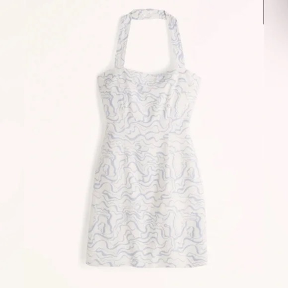 **NWOT** Abercrombie Halter Linen Mini Dress, Retro Blue Swirl Print - Picture 1 of 1